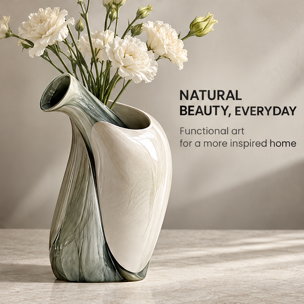 Side-neck dual-opening folded sculptural vase — clean product shot, ivory front face with olive-green flow-glaze and asymmetric side neck