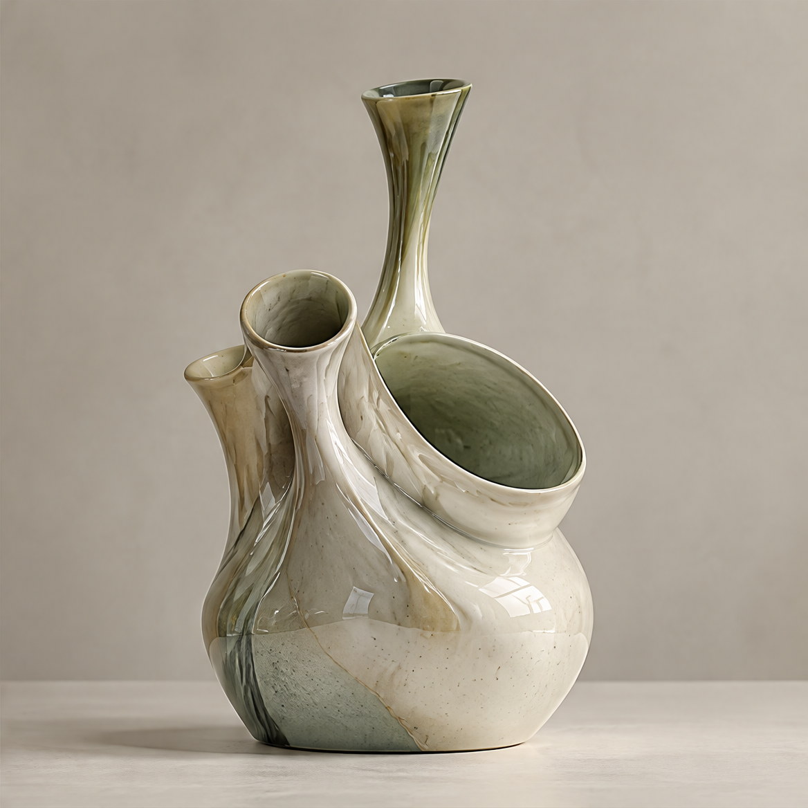 Handcrafted Uniqueness — close-up of hand-applied olive-ivory glaze on rounded base, every vase carries its own natural pattern one of a kind