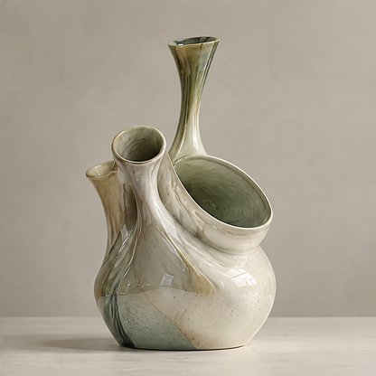 Handcrafted Uniqueness — close-up of hand-applied olive-ivory glaze on rounded base, every vase carries its own natural pattern one of a kind