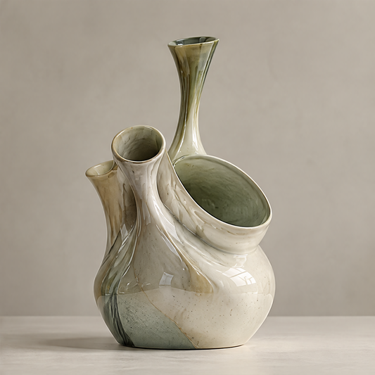 Handcrafted Uniqueness — close-up of hand-applied olive-ivory glaze on rounded base, every vase carries its own natural pattern one of a kind