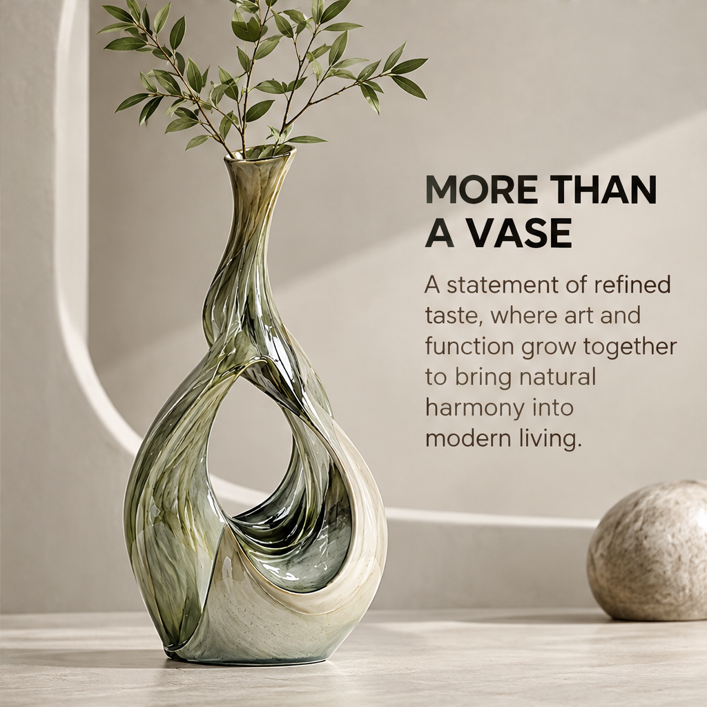 Sculpted in Motion — close-up of flowing olive-ivory glaze on hollow body, every curve flows with intention revealing dynamic organic lines