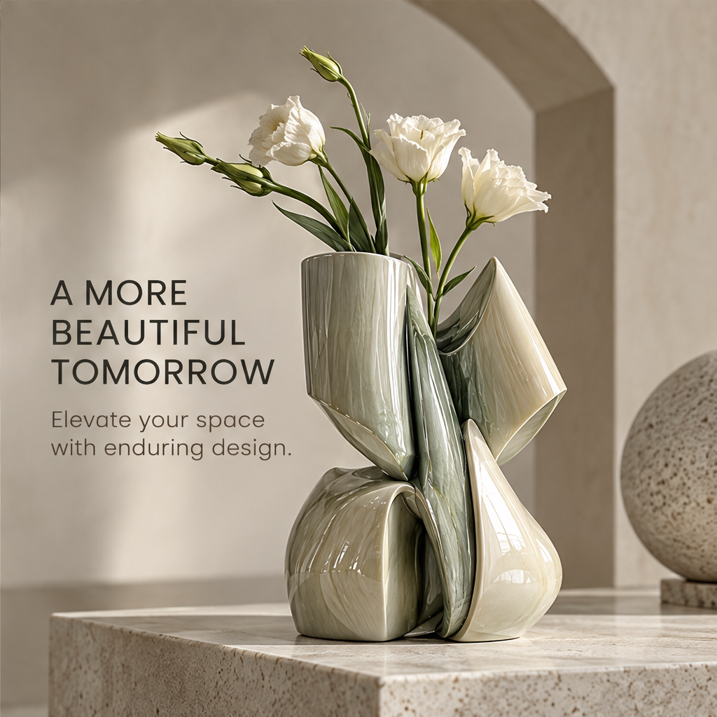 A More Beautiful Tomorrow — organic fold vase styled with white lisianthus flowers in arched interior setting