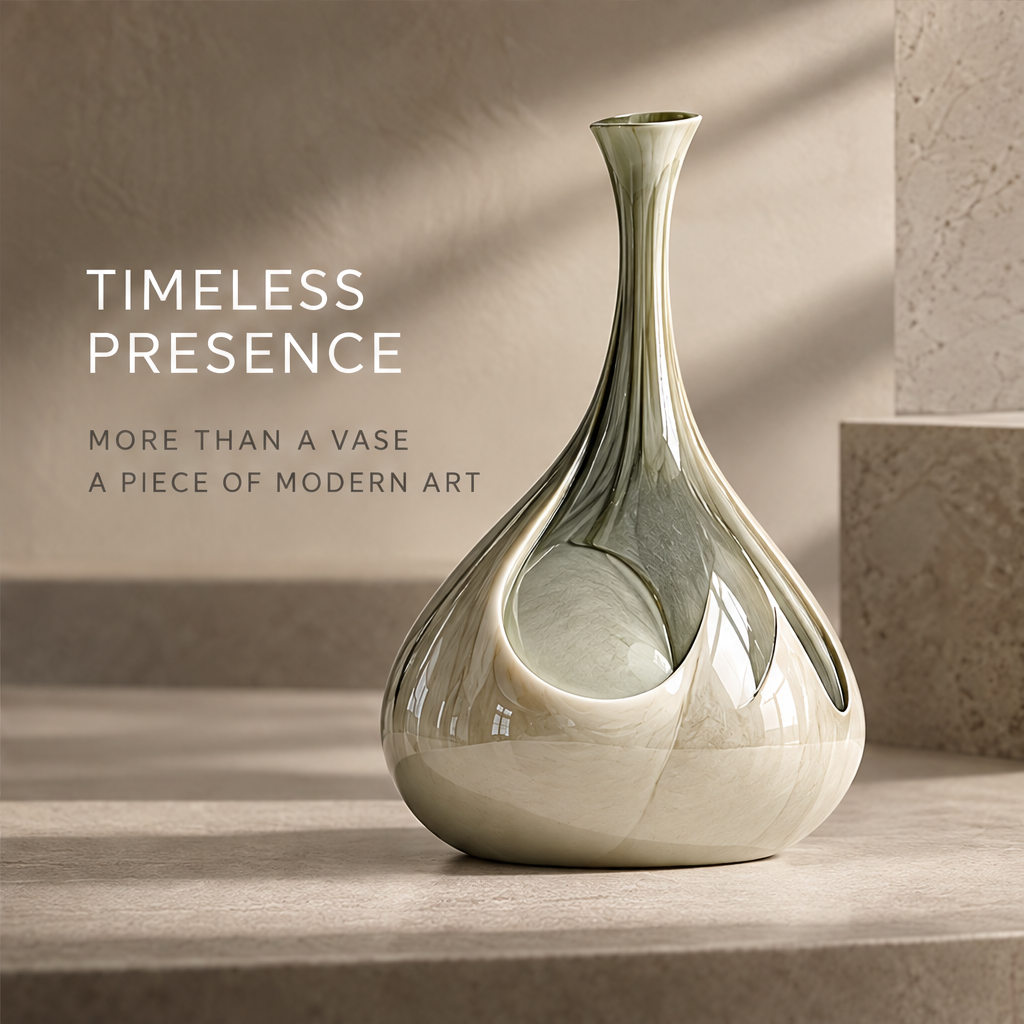 Art in Every Angle — mirror-glaze teardrop vase laid on its side, sculptural form for a refined space
