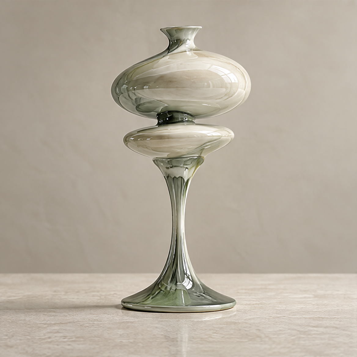Art for Modern Spaces — double-disc vase on terrazzo ledge with dried flower stems, a timeless statement that elevates any interior