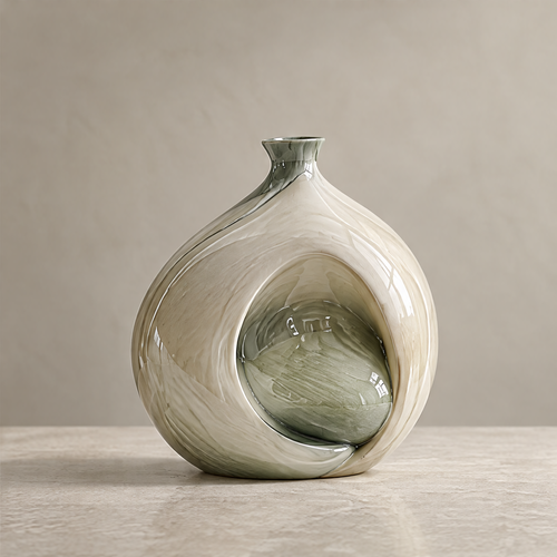 Every Angle Tells a Story — round vase tilted to show concave crescent and flowing glaze, fluid curves inspired by the beauty of gravity